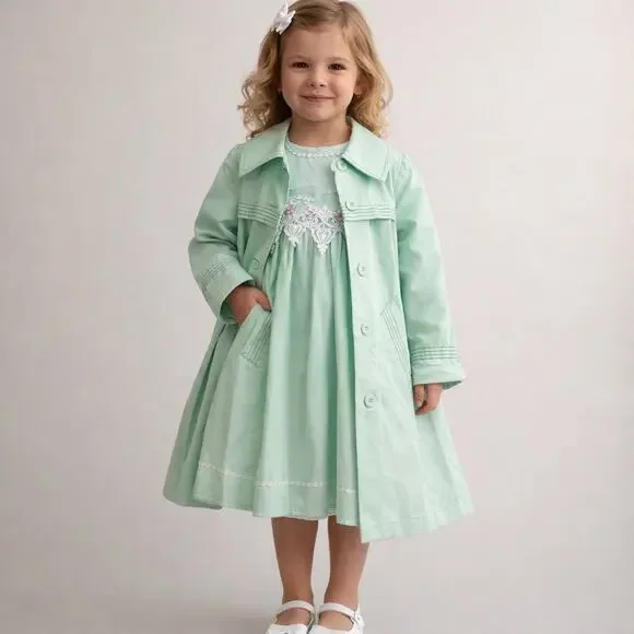 Bonnie Jean Girls Mint Green Dress Coat Set Size 5 Lace Party Easter - Picture 1 of 15